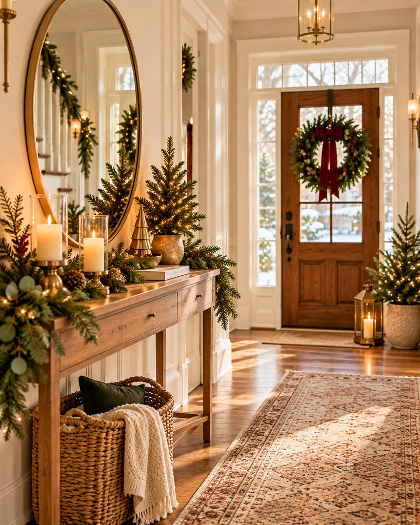 Mirror above an entry console reflecting light and Christmas greenery