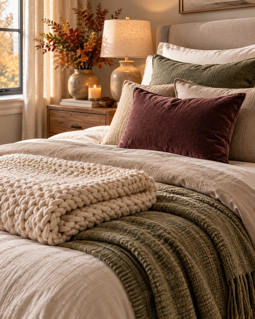 Close-up of cozy fall bedroom fabrics including a chunky knit throw, velvet cushion, linen bedding, and woven blanket.