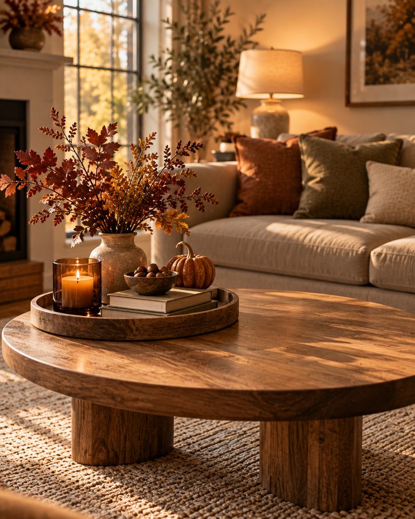 Fall Table Decor Ideas for a Warm, Inviting Table Fall coffee table styled with books, an amber candle, autumn branches, and natural accents