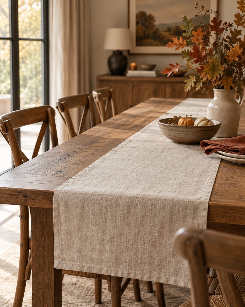 Fall Dining Table Decor Ideas for a Warm, Inviting Table Fall dining table with a linen runner on a wooden table in warm neutral tones.