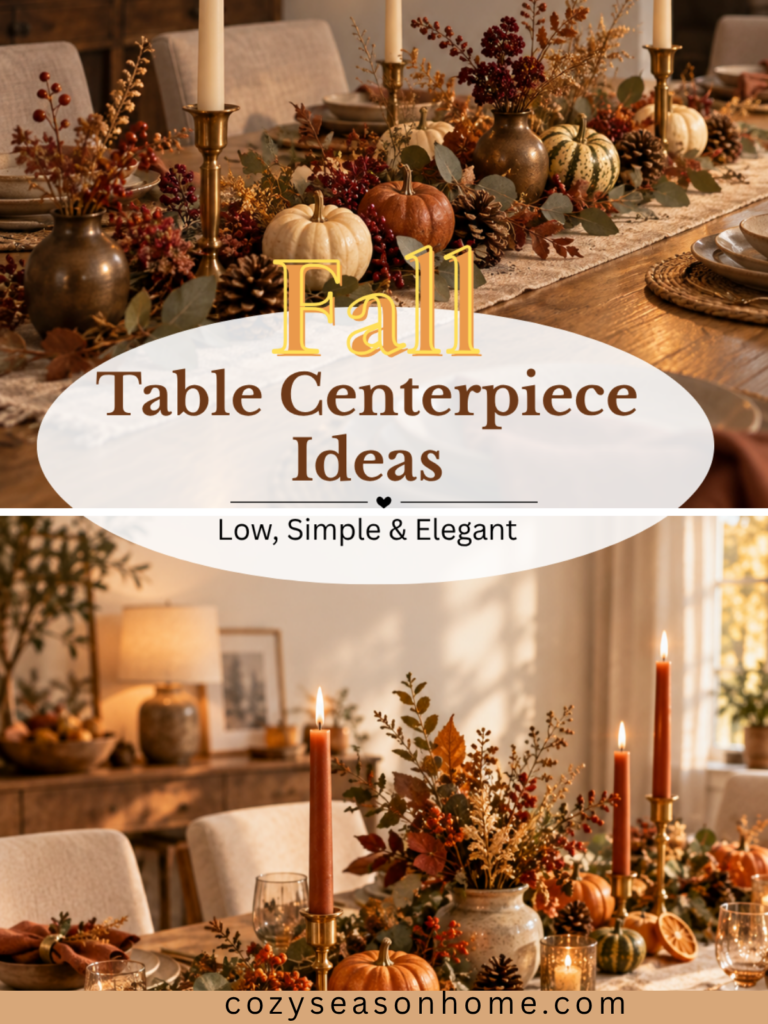 Warm fall dining table styled with layered place settings, a low centerpiece, candles, and natural autumn decor.