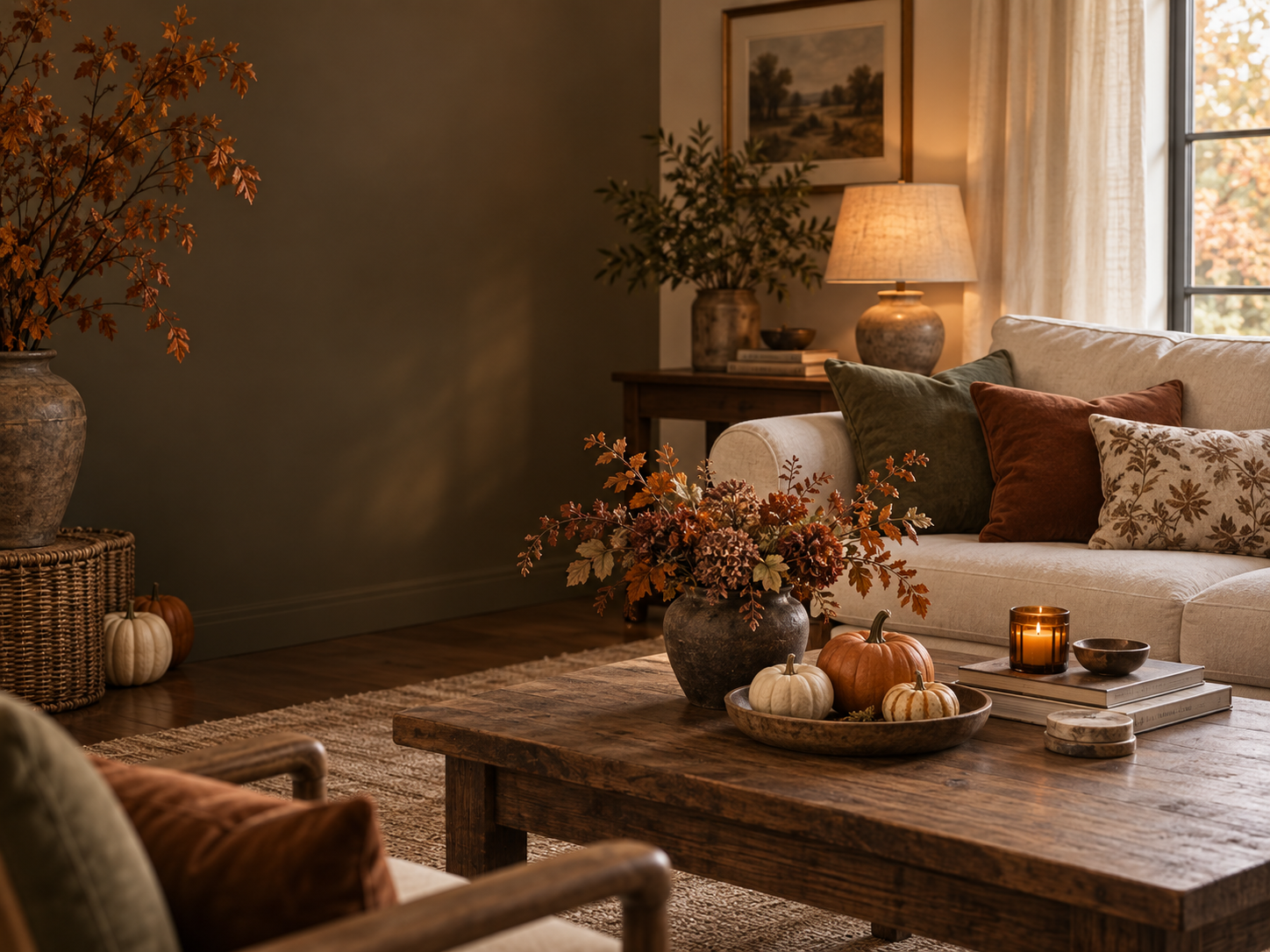 Warm fall decor with autumn foliage, pumpkins, cozy textures and seasonal home accents