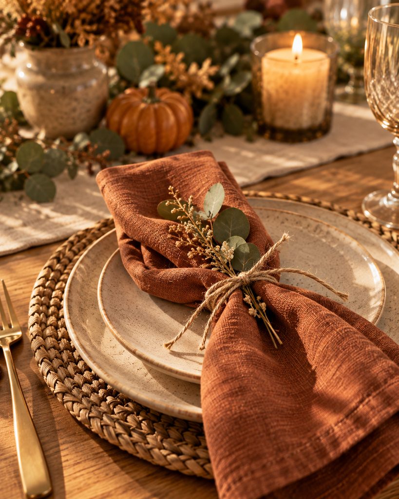 Fall Dining Table Decor Ideas for a Warm, Inviting Table Cloth napkin tied with twine and a eucalyptus sprig on a fall table setting.