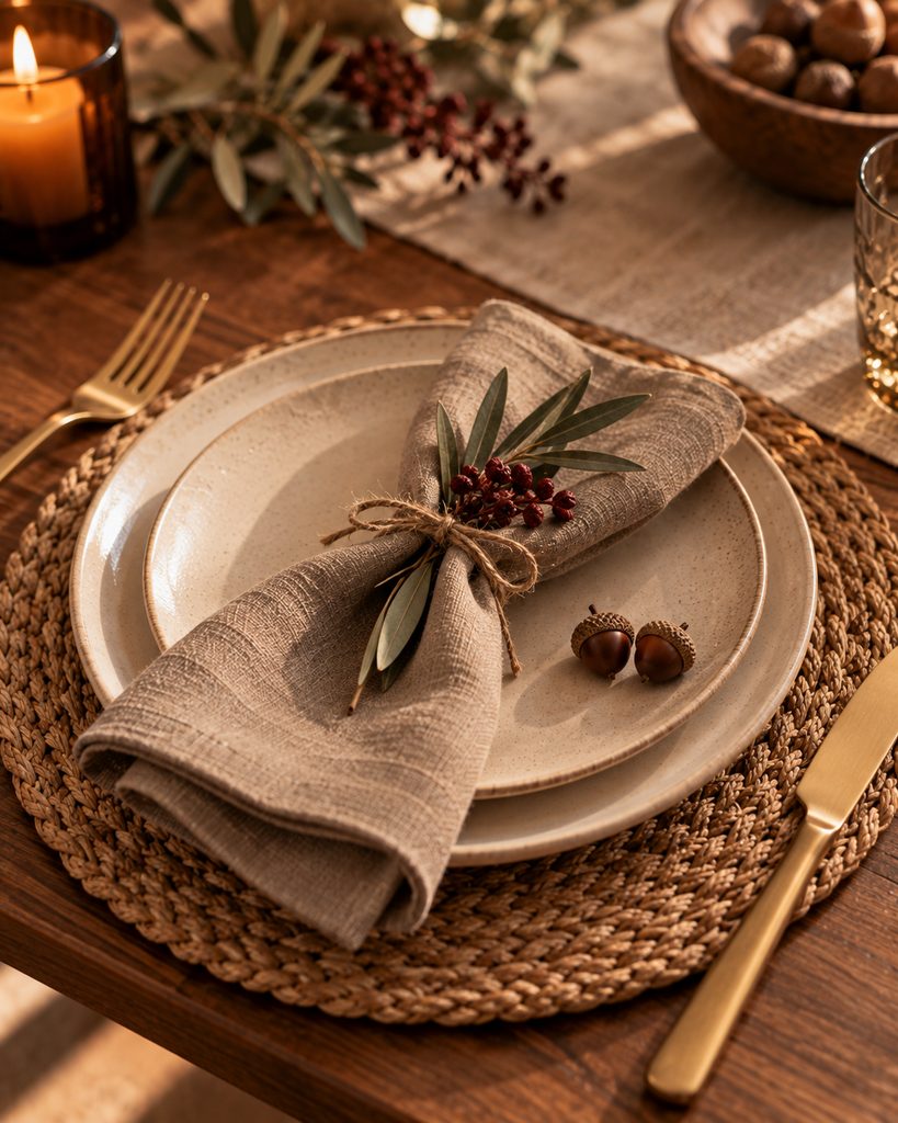 Fall Table Decor Ideas for a Warm, Inviting Table Fall place setting with taupe linen napkin, twine, olive leaves, and burgundy berries