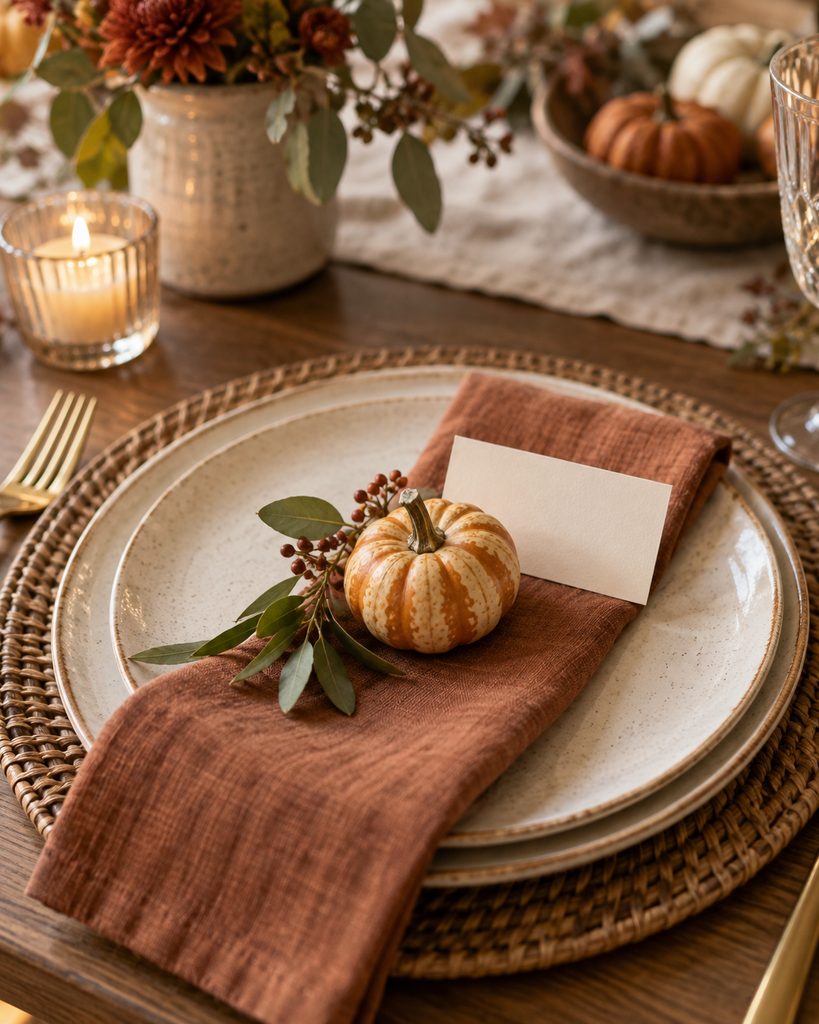 Fall Dining Table Decor Ideas for a Warm, Inviting Table Fall place setting with a small pumpkin and place card detail.