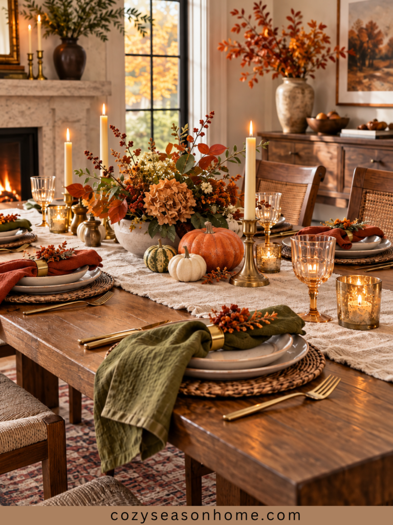 Styled fall table with a linen runner, candles, dried stems, small pumpkins, and warm autumn accents