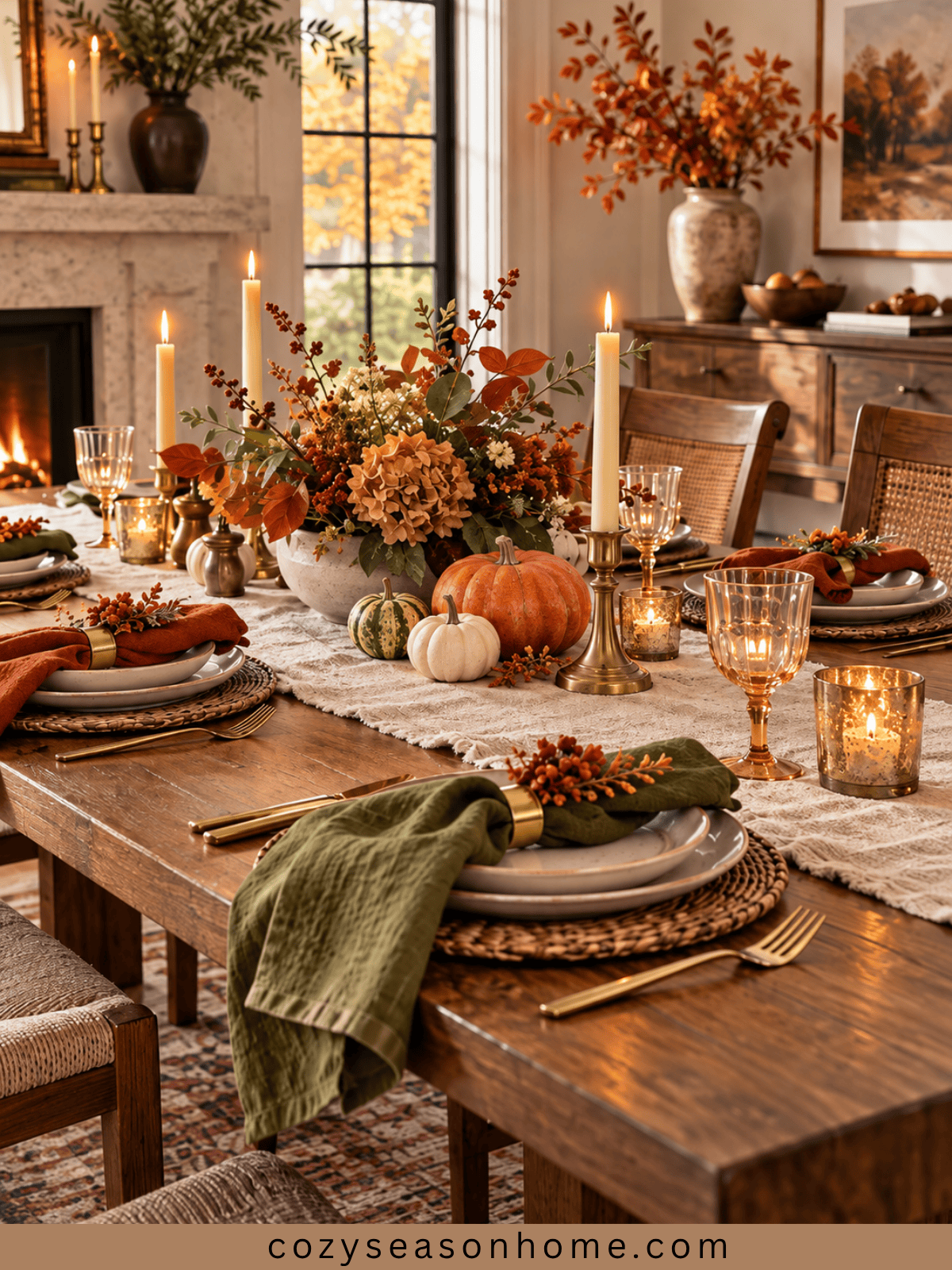 Styled fall table with a linen runner, candles, dried stems, small pumpkins, and warm autumn accents
