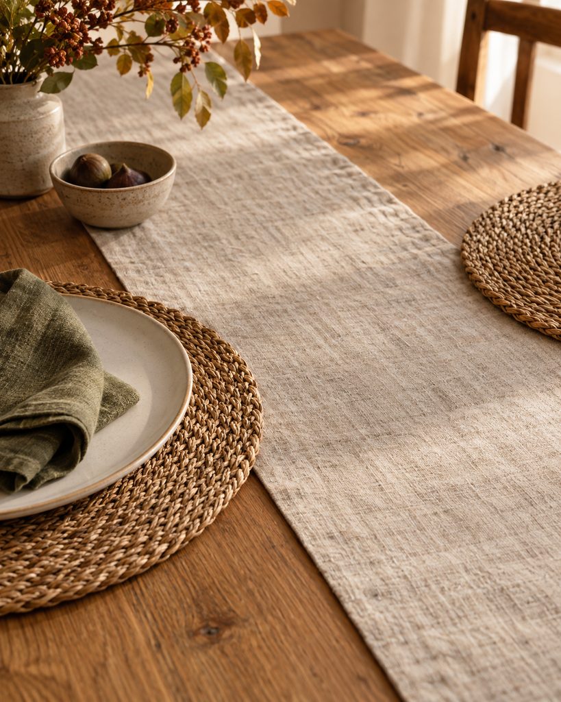 Fall Table Decor Ideas for a Warm, Inviting Table Oatmeal linen runner and woven placemats on a warm wood fall dining table