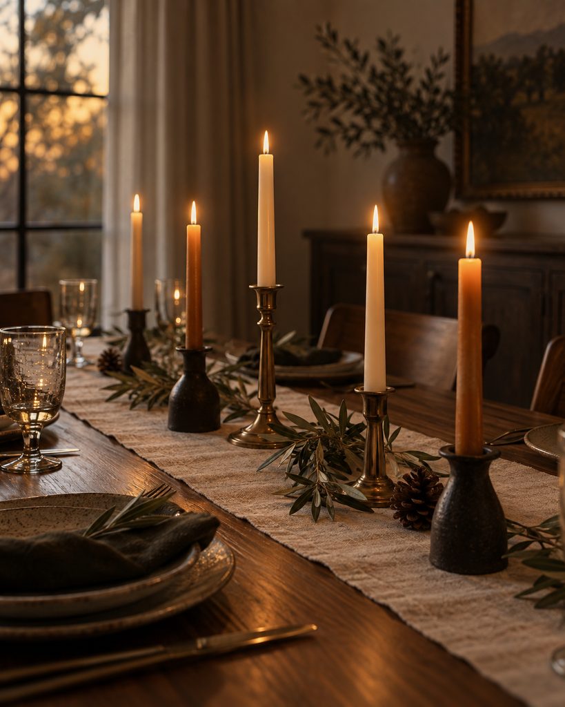 Fall Table Decor Ideas for a Warm, Inviting Table Ivory and amber taper candles glowing on a warm fall dining table