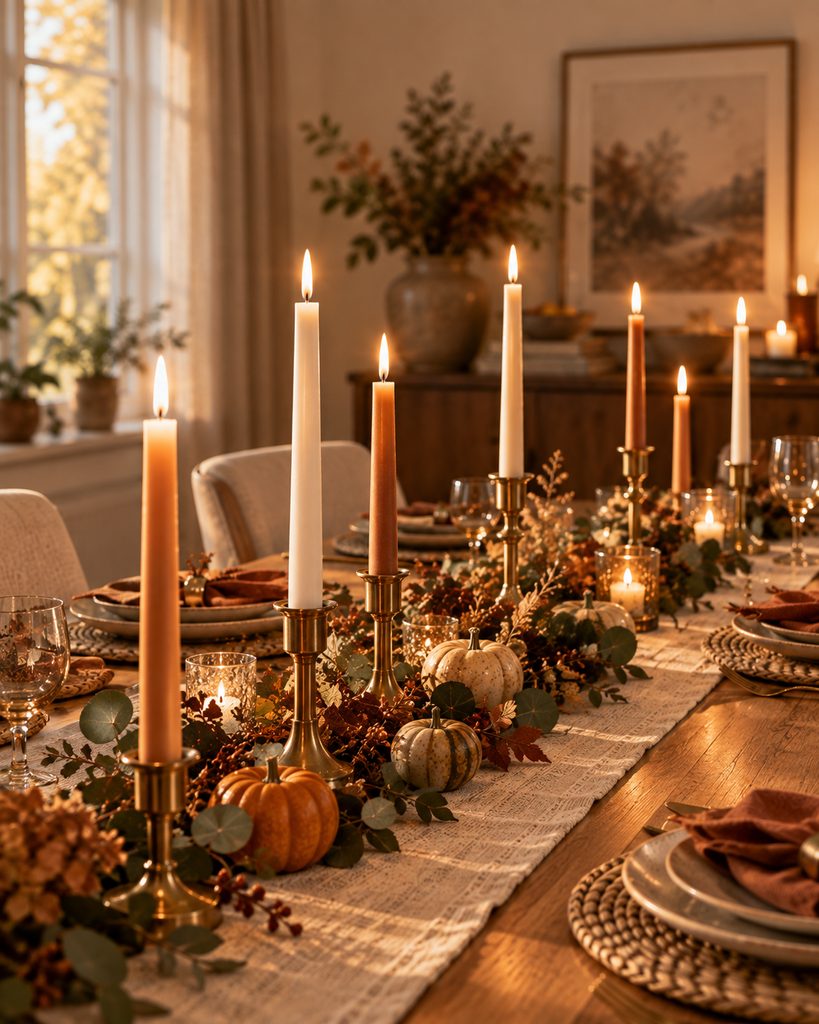 Fall Dining Table Decor Ideas for a Warm, Inviting Table Taper candles in holders arranged along a fall dining table.