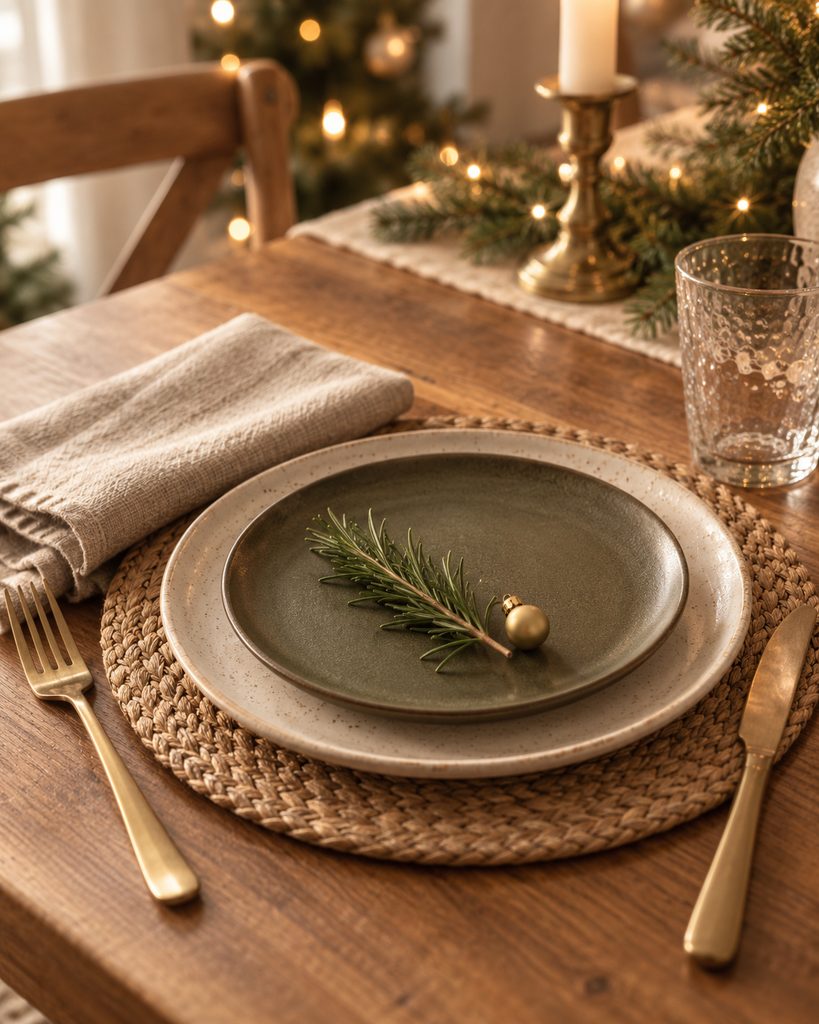 Christmas Table Decor Ideas for a Warm, Festive Table Layered Christmas place setting with stoneware plates and rosemary sprig