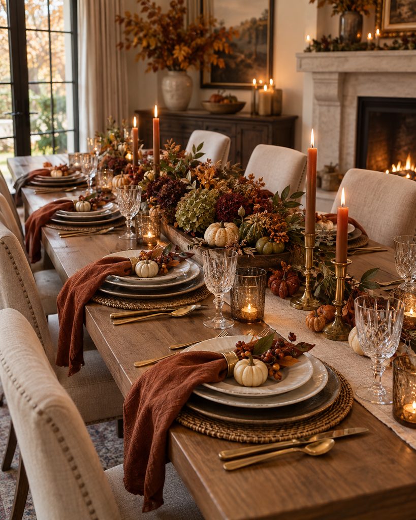 Fall Dining Table Decor Ideas for a Warm, Inviting Table Fully set fall dining table with layered place settings and autumn decor.