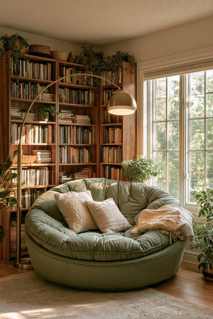 Cozy Reading Nook Ideas for Small Spaces Reading nook with a trailing plant on a nearby shelf adding a fresh natural touch.