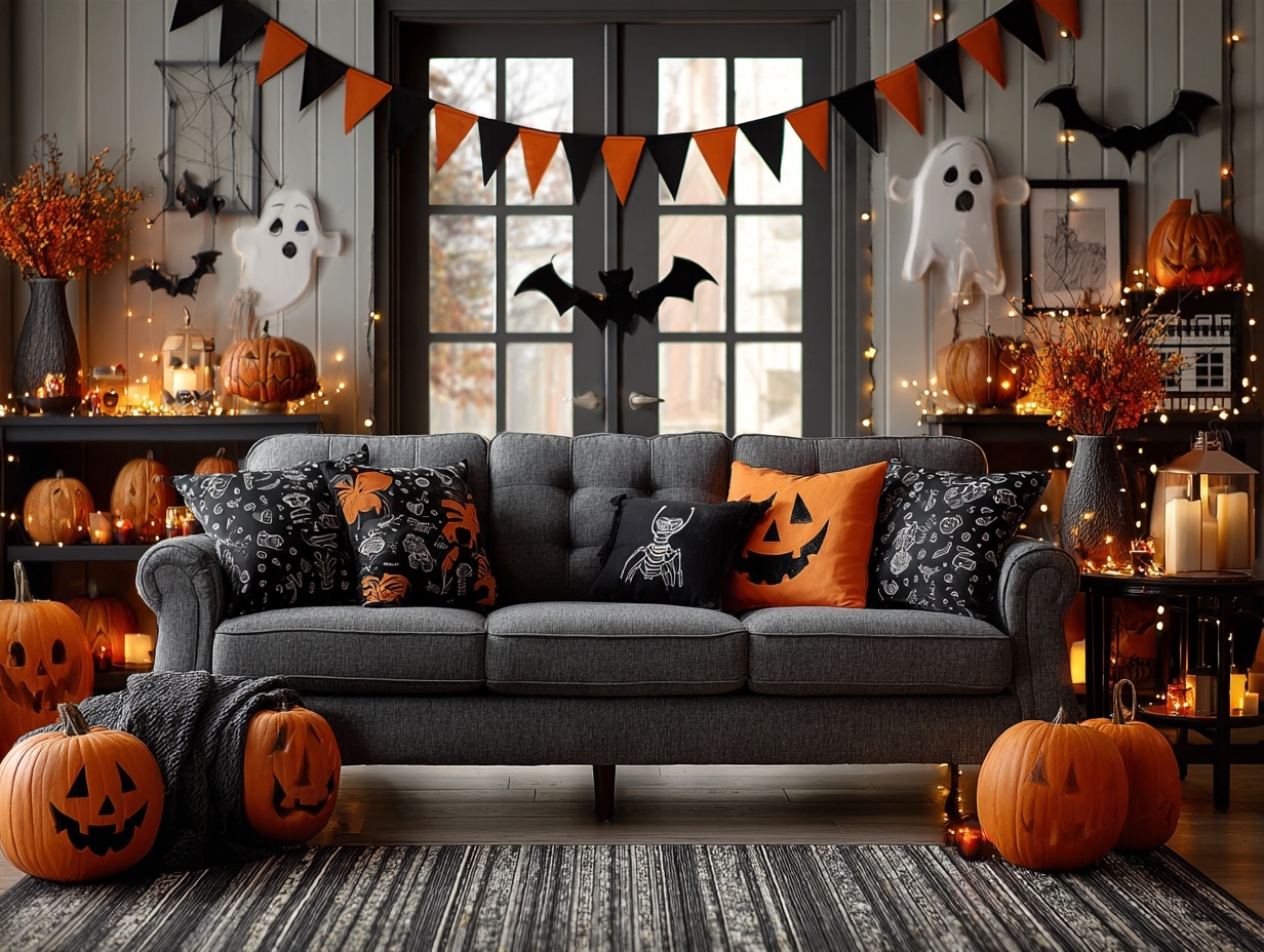 Halloween decor with pumpkins, ghost figurines, black cat accents, paper bats, candles, and spooky seasonal decorations in a cozy home.