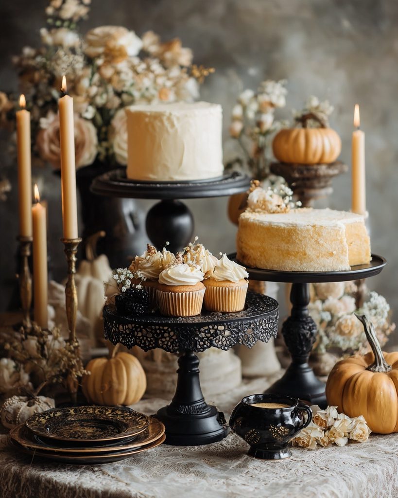 Minimal Halloween dessert display with tiered trays, candles, and a few seasonal decorations in an elegant setup.
