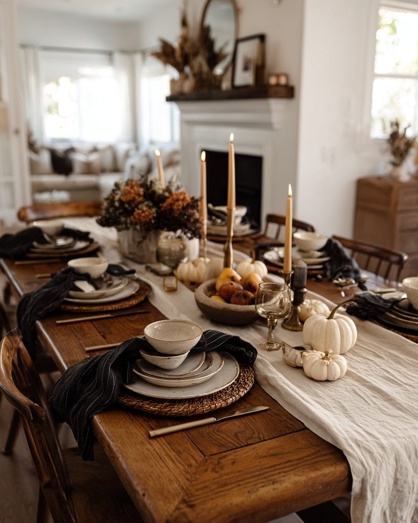 Dining table styled for Halloween with a linen runner, dark napkins, candles, and a low seasonal centerpiece.