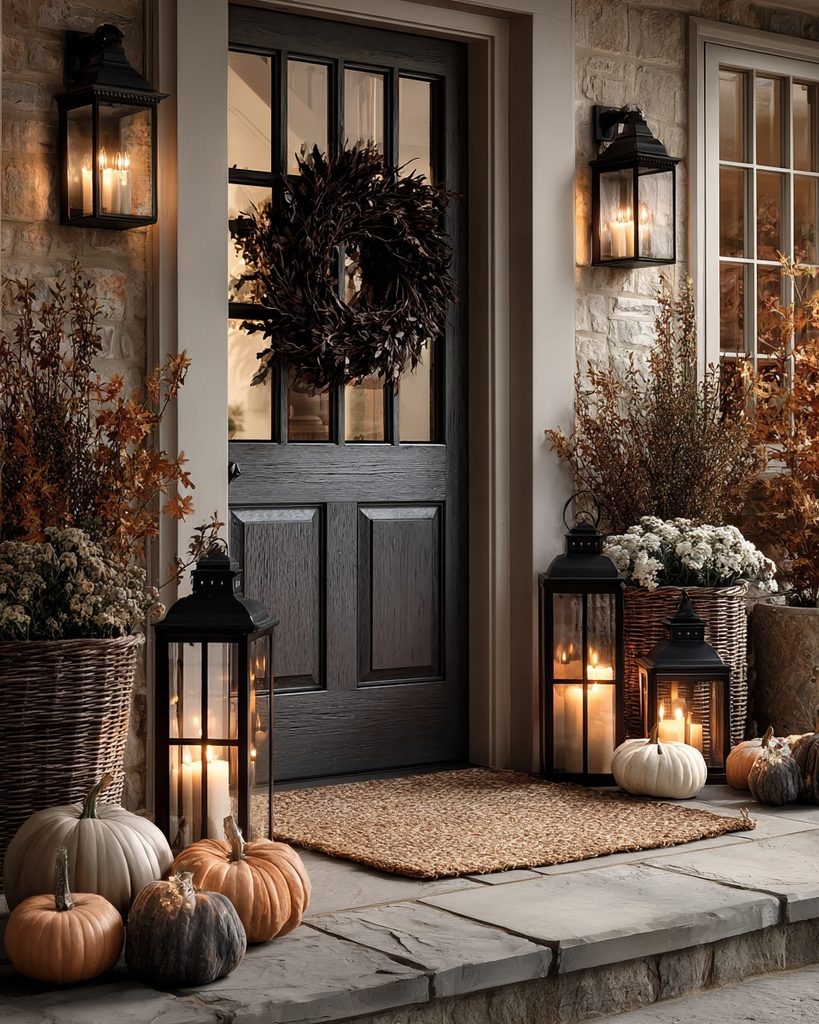 Elegant Halloween entryway with a simple wreath, lanterns, and a few pumpkins arranged in a warm and welcoming style.