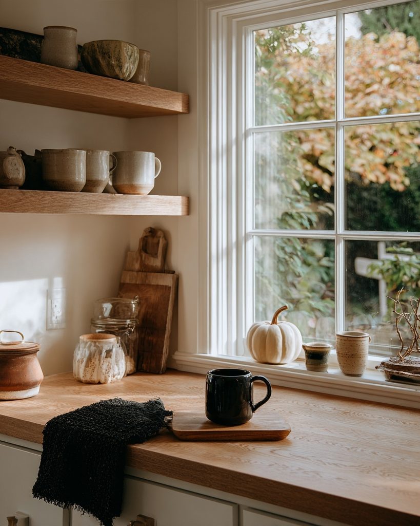 Cozy kitchen with subtle Halloween touches, including a small pumpkin, dark accents, and seasonal styling on the countertop and shelf.