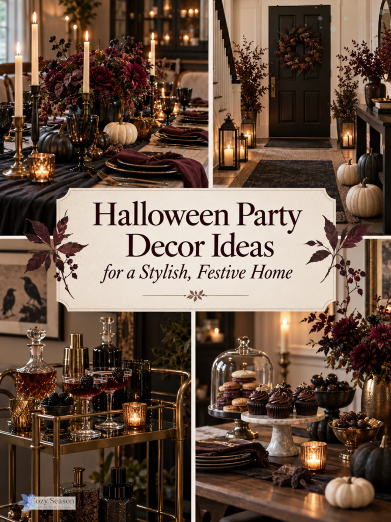 Elegant Halloween party decor collage featuring a styled table, decorated entryway, drinks cart, candles, dark florals, pumpkins, and a festive dessert display.