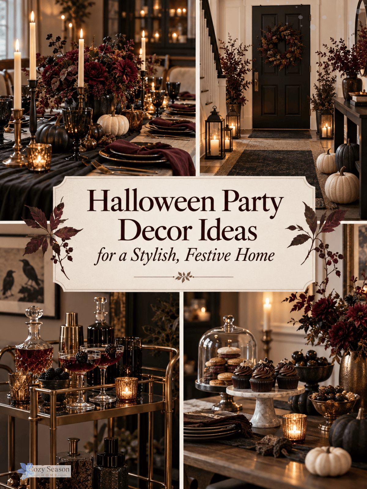 Elegant Halloween party decor collage featuring a styled table, decorated entryway, drinks cart, candles, dark florals, pumpkins, and a festive dessert display.