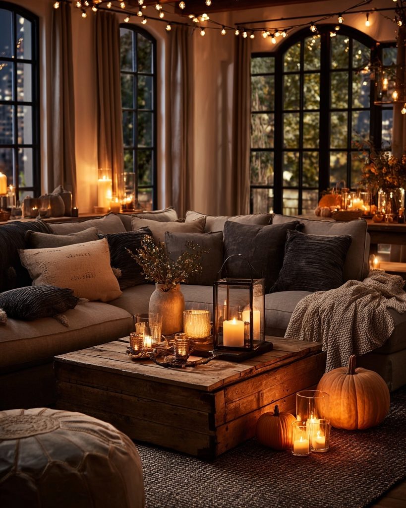 Living room glowing with warm candlelight and soft string lights for a cozy Halloween party atmosphere.