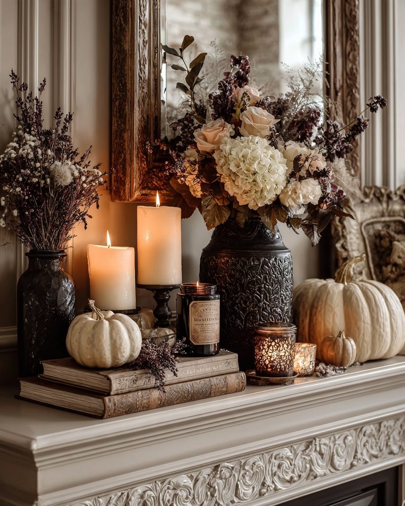 Photo-worthy Halloween corner with candles, pumpkins, dark florals, and warm layered lighting.r