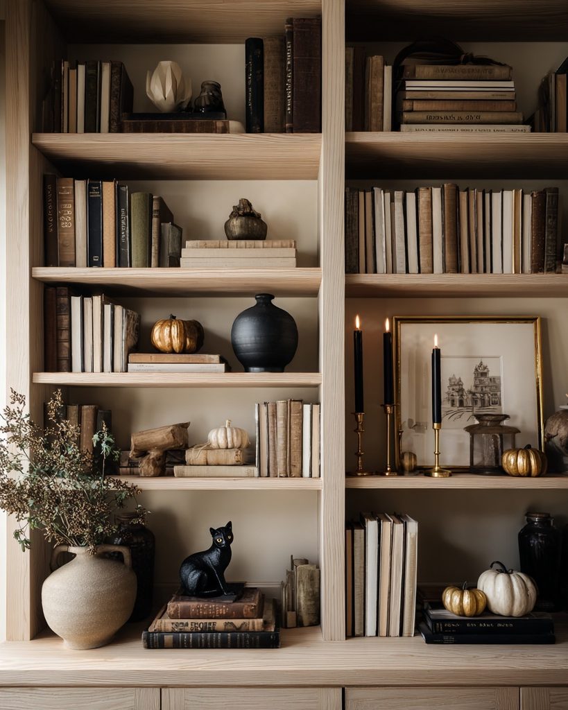 Open bookshelf styled with books, black accents, candles, and subtle Halloween decor in a warm, cozy home.