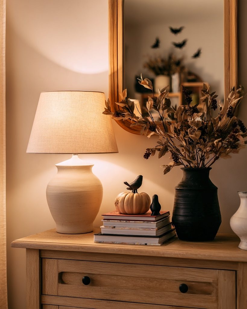 Cozy home corner with warm lighting and one playful Halloween detail, including paper bats and a small black figurine.