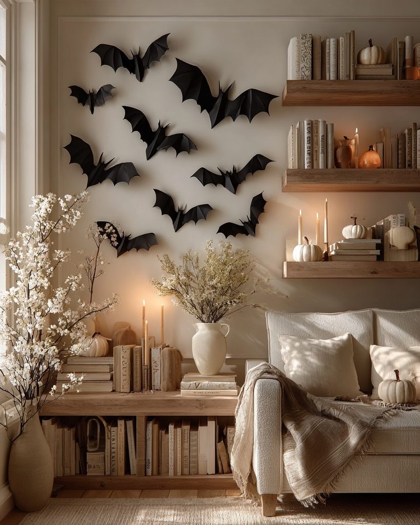 Halloween wall decor with paper bats or a simple banner arranged in a clean and renter-friendly way.