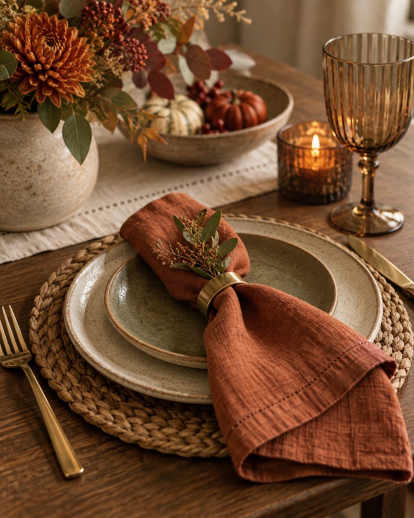 Fall Dining Table Decor Ideas for a Warm, Inviting Table Layered fall place setting with charger, plate, bowl, and cloth napkin.