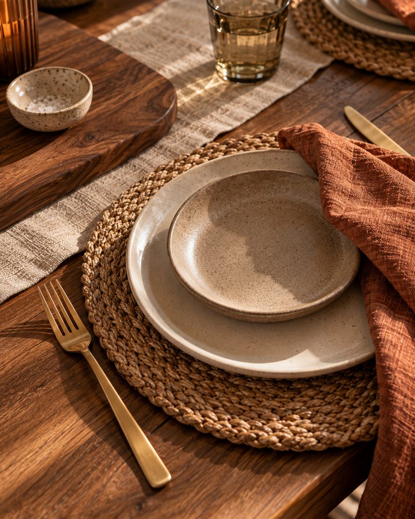 Fall Table Decor Ideas for a Warm, Inviting Table Layered fall table textures with woven placemat, ceramic plates, linen napkin, and wood