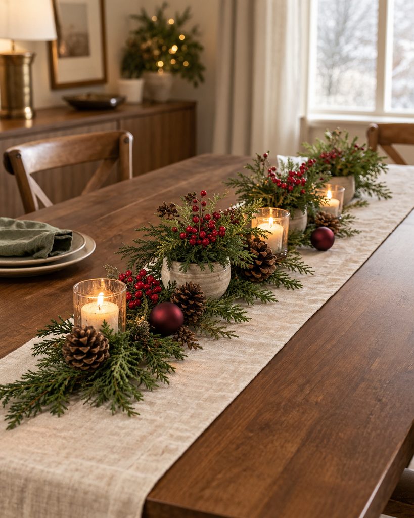 Christmas Table Decor Ideas for a Warm, Festive Table Low Christmas centerpiece with cedar, berries, pinecones, and candles