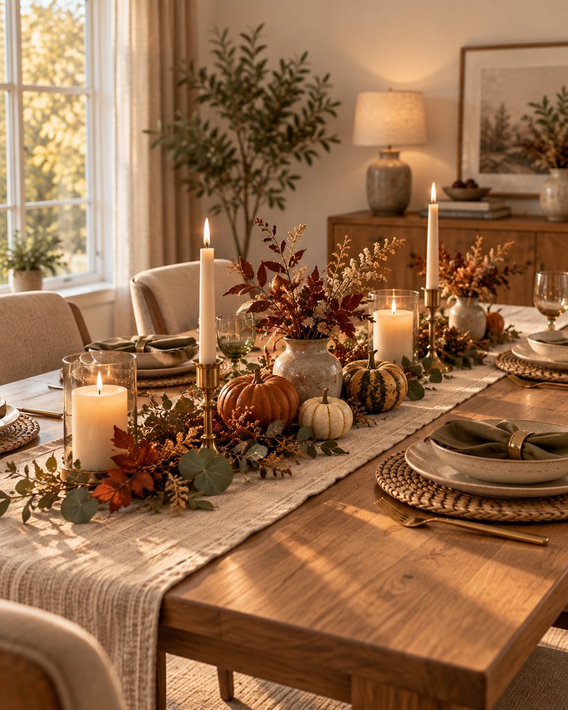 Fall Dining Table Decor Ideas for a Warm, Inviting Table Low fall centerpiece with candles, garland, and small pumpkins along a dining table.