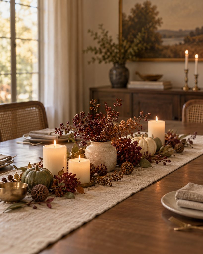 Fall Table Decor Ideas for a Warm, Inviting Table Low fall table centerpiece with cream candles, dried stems, and small pumpkins