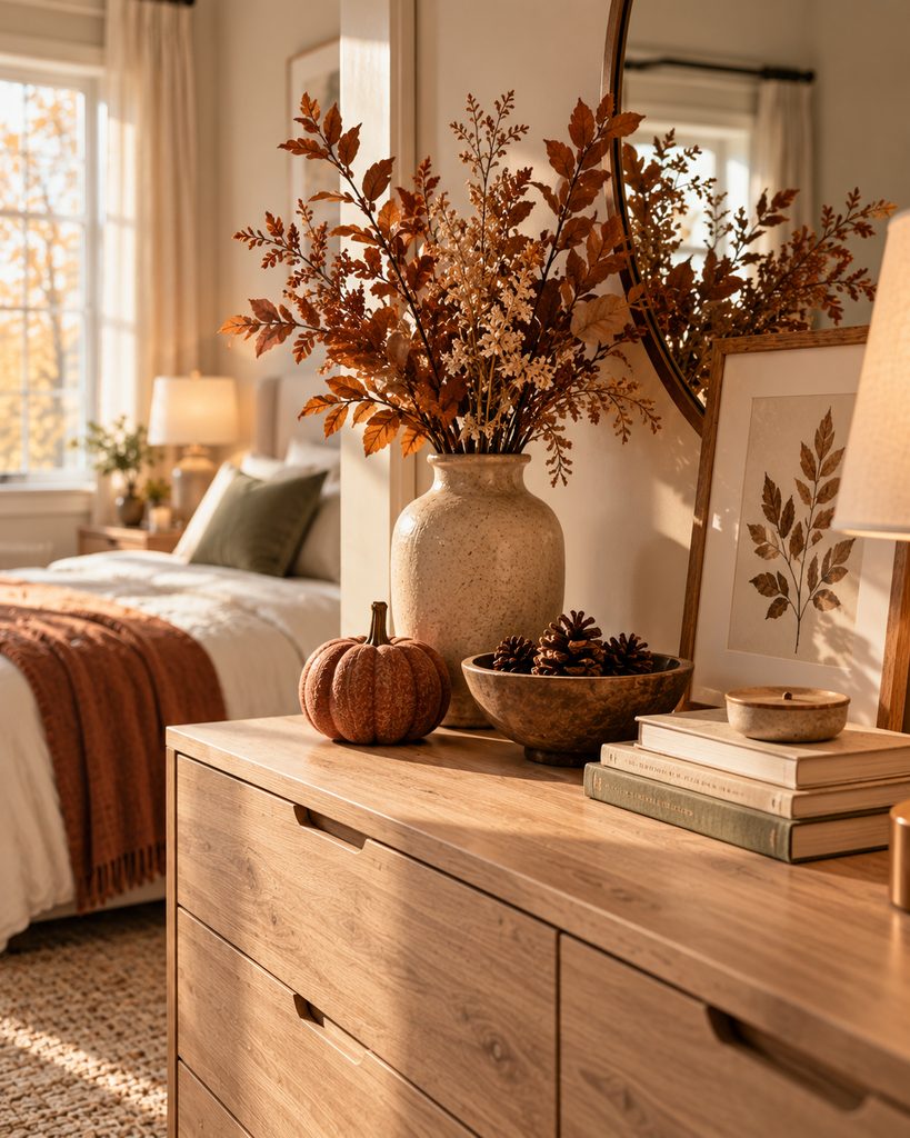 Fall bedroom dresser styled with dried branches, a small pumpkin, pinecones, books, and botanical art.