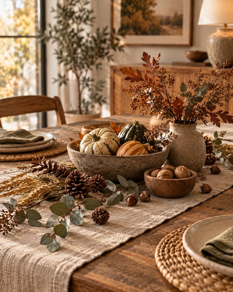 Fall Table Decor Ideas for a Warm, Inviting Table Fall table styled with dried stems, pinecones, gourds, acorns, and eucalyptus