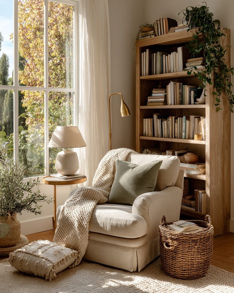 Cozy Reading Nook Ideas for Small Spaces Reading nook with a slim bookshelf and books stored close beside the chair.