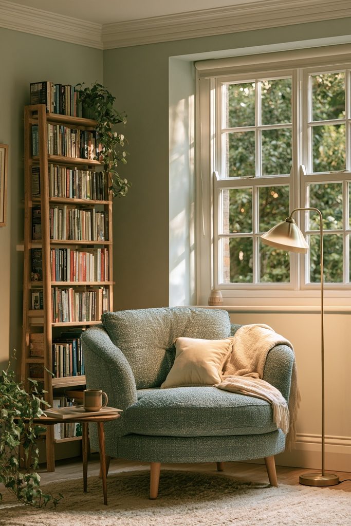 Cozy Reading Nook Ideas for Small Spaces Quiet reading nook in a small apartment corner with a chair, soft light, and a calm cozy atmosphere.