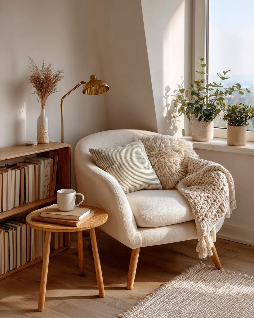 Cozy Reading Nook Ideas for Small Spaces Small side table beside a reading chair with a mug and a book in a cozy nook.
