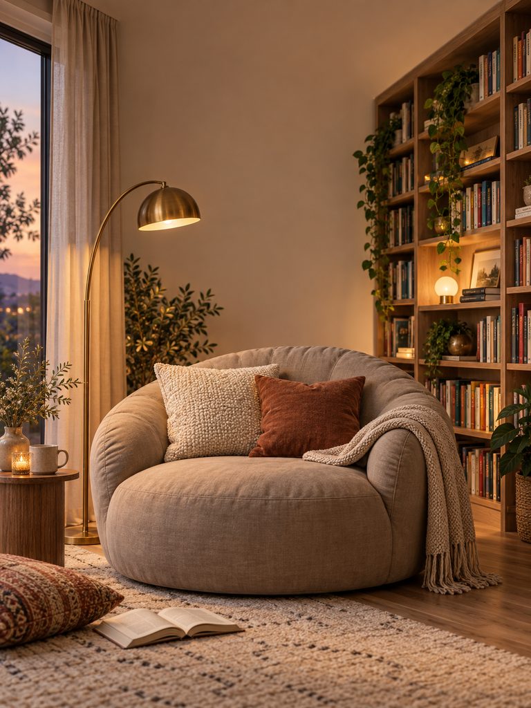 Cozy Reading Nook Ideas for Small Spaces Reading chair with a warm glowing arc floor lamp creating a cozy evening nook.