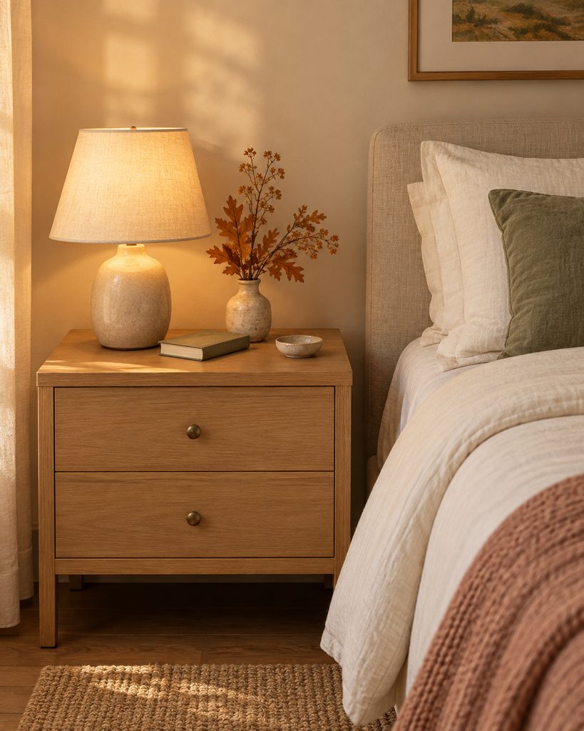 Simple fall nightstand styled with a warm lamp, book, ceramic dish, and a small vase of dried stems.
