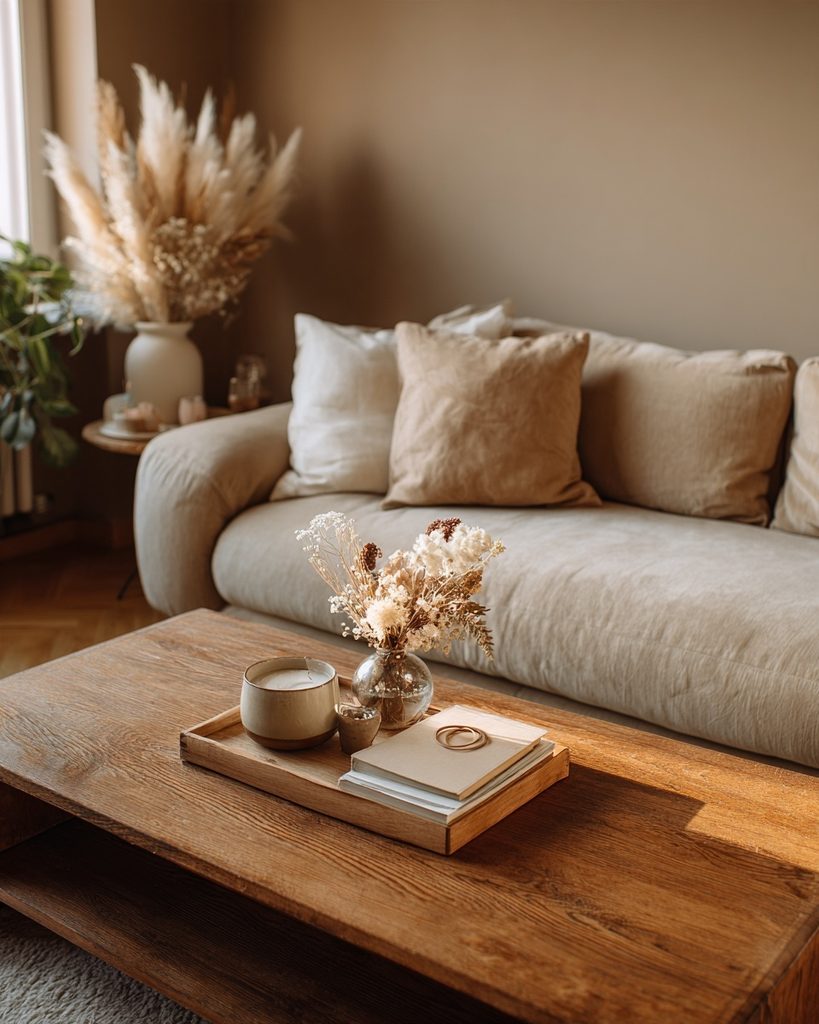Small apartment coffee table styled with a simple Christmas tray and festive arrangement