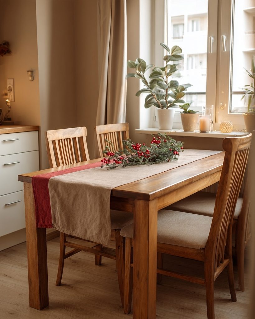 Vibrant small apartment dining table styled with a Christmas runner and low greenery centerpiece