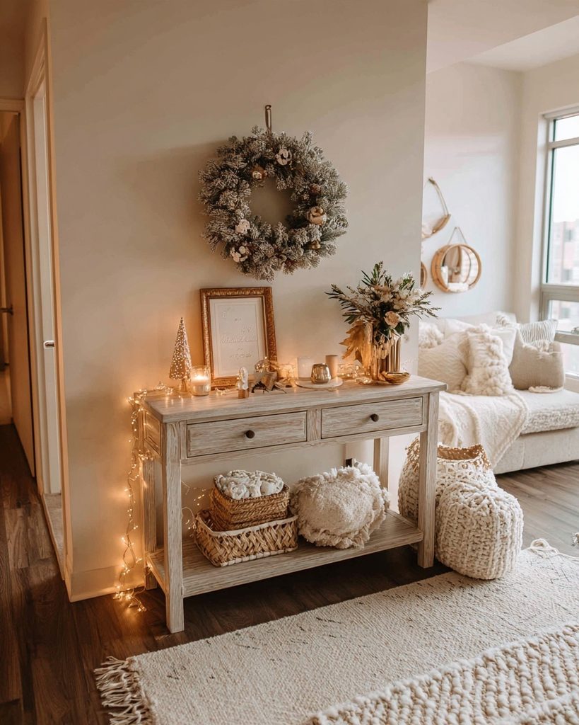 Decorated console creating a simple Christmas focal point in a small apartment