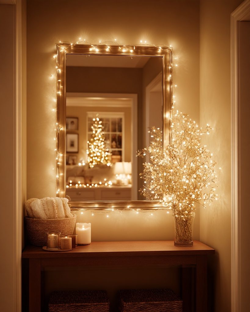 Warm Christmas lights reflected in a wall mirror in a cozy small apartment