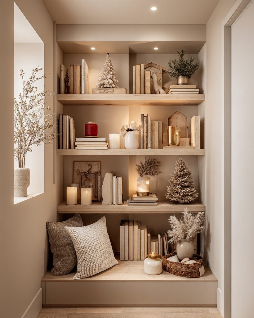 Open shelves styled with books, a mini Christmas tree, and simple festive accents