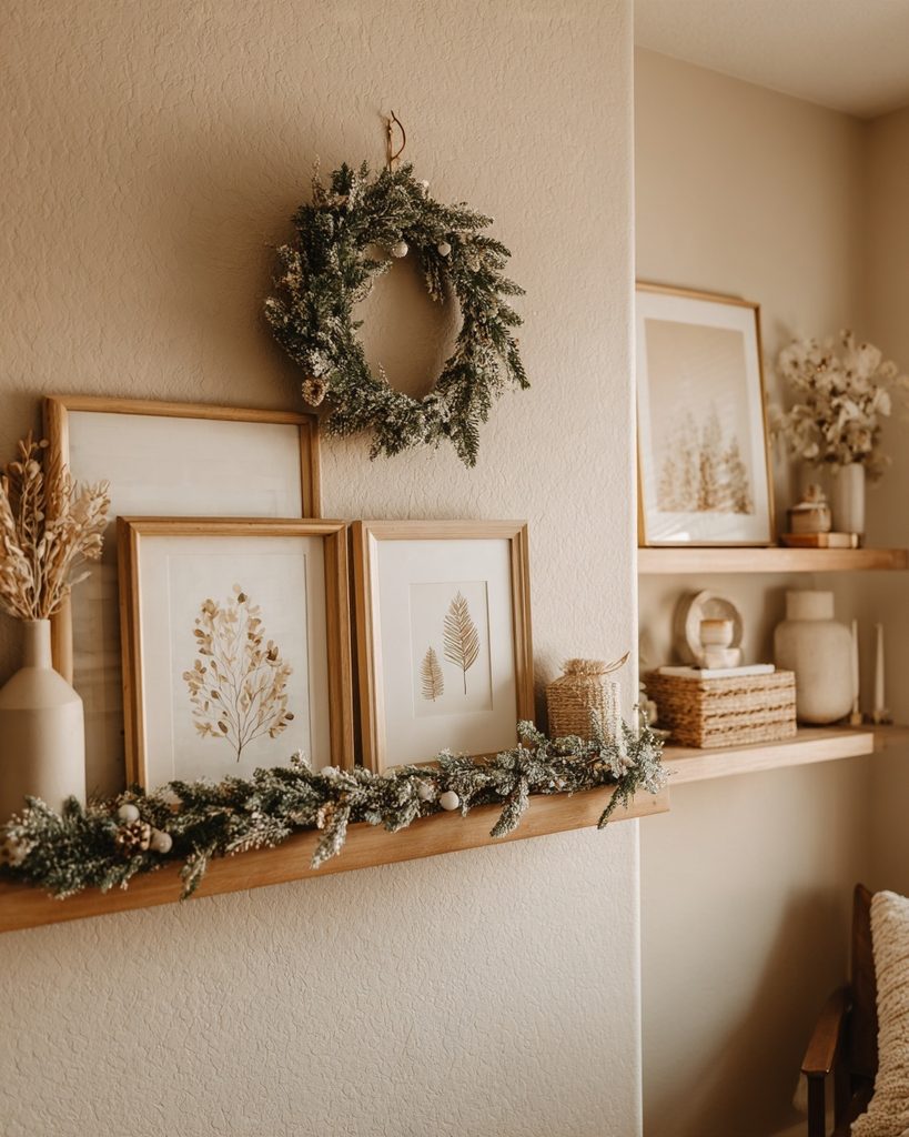 Small apartment wall decorated with a Christmas wreath, light garland, and framed holiday prints