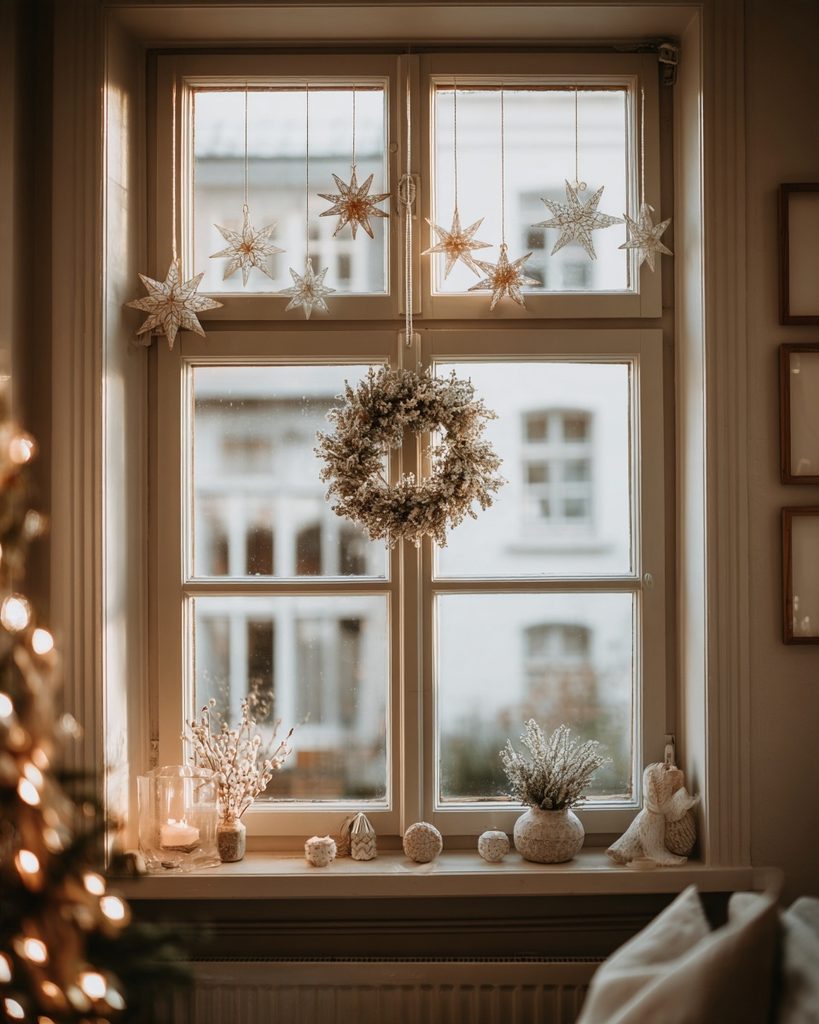 Small apartment window decorated with hanging Christmas ornaments, paper stars, and a wreath