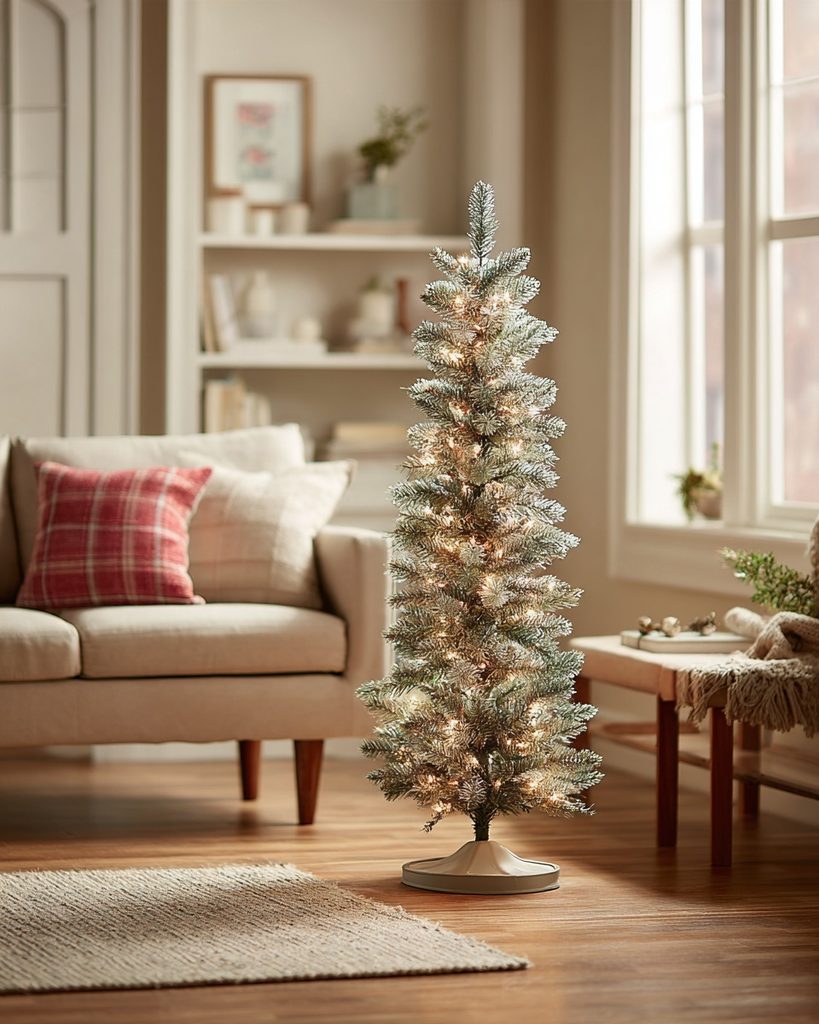 Slim Christmas tree tucked into the corner of a small apartment living room with warm lights