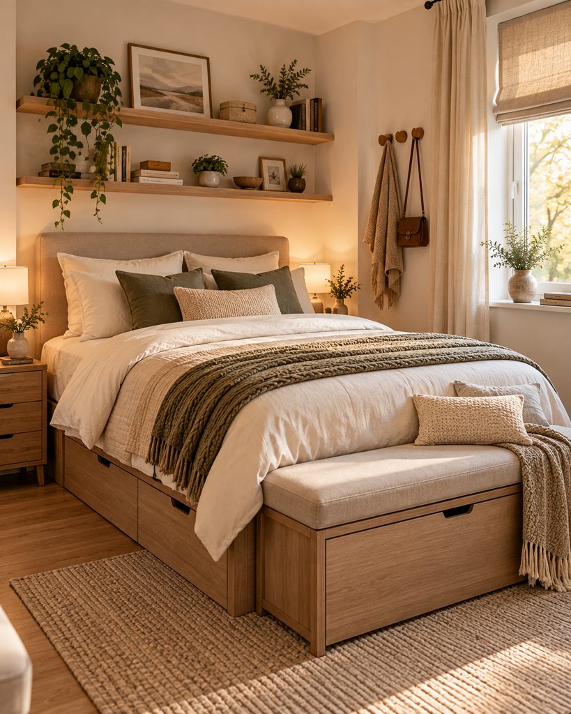 Small bedroom with a storage bed and bench showing multifunctional furniture